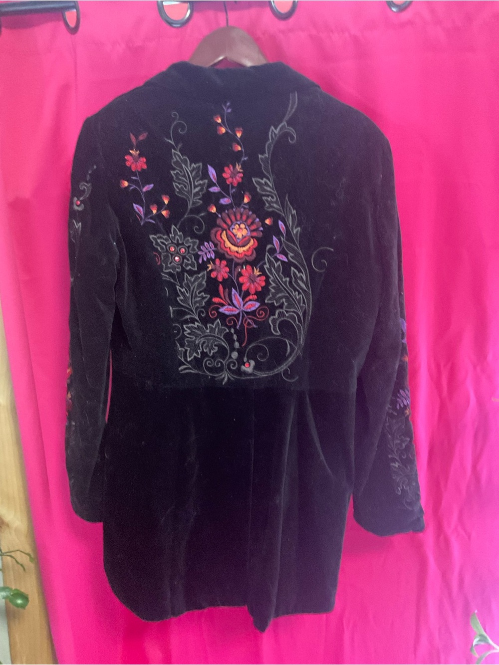 Black Velvet Trench Coat with Multicolor Floral Embroidery